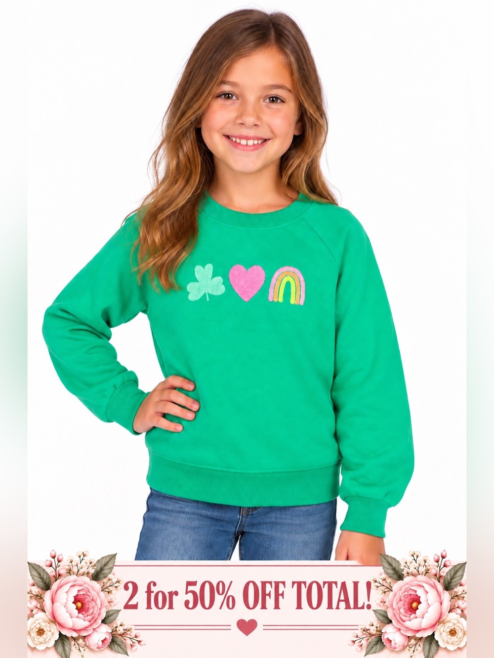Girls' Green Shamrock Heart Rainbow Pullover Sweatshirt